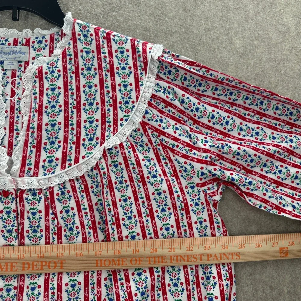 Lanz of Salzburg Flannel Nightgown Red White Floral Stripe Heart Lace Womens‎ L
